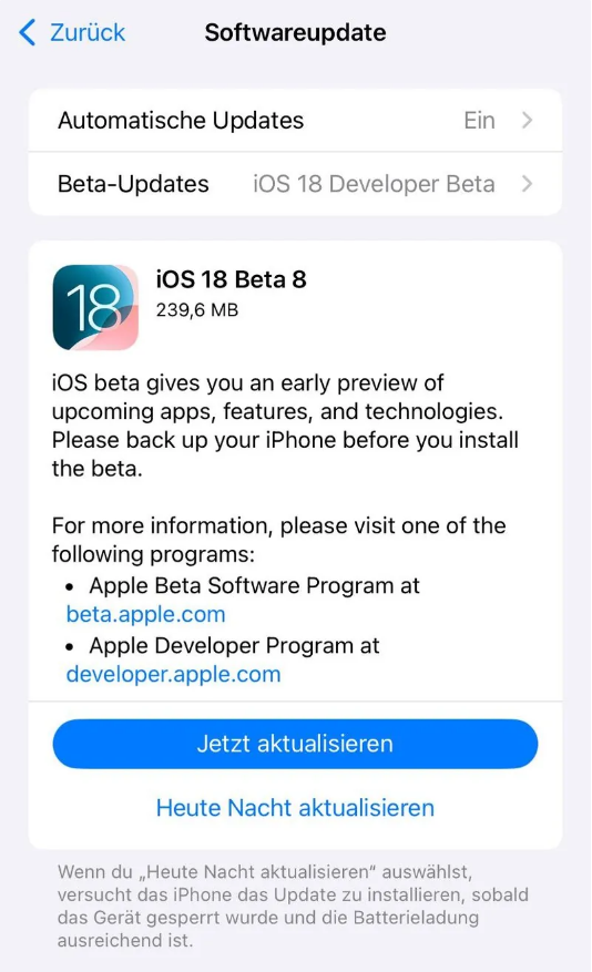 乌烈镇苹果手机维修分享苹果 iOS / iPadOS 18 开发者预览版 Beta 8 发布 